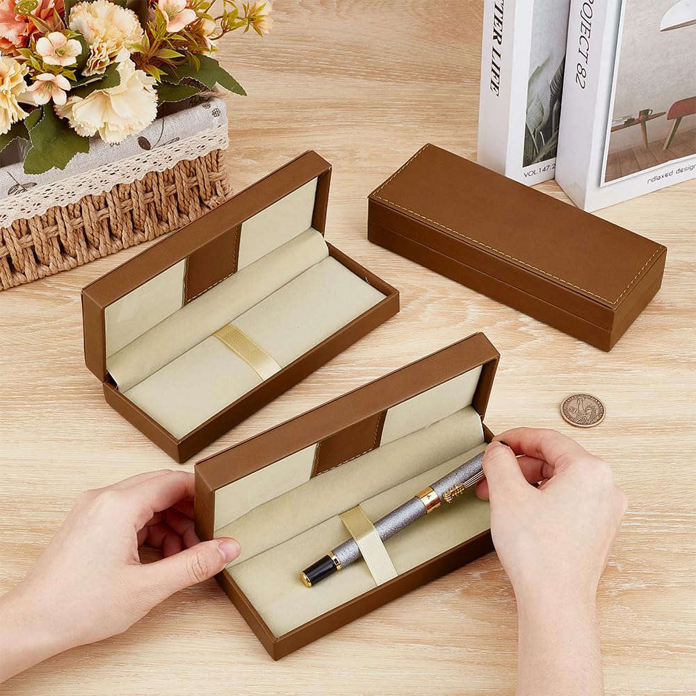 BENECREAT 3 Sets Pen Gift Box Pu Leather Fountain Pen Gift Box Ballpoint Pen Pencil Storage Case for Business Office Brown 17.5x6.8x3.8cm Pen/Necklace