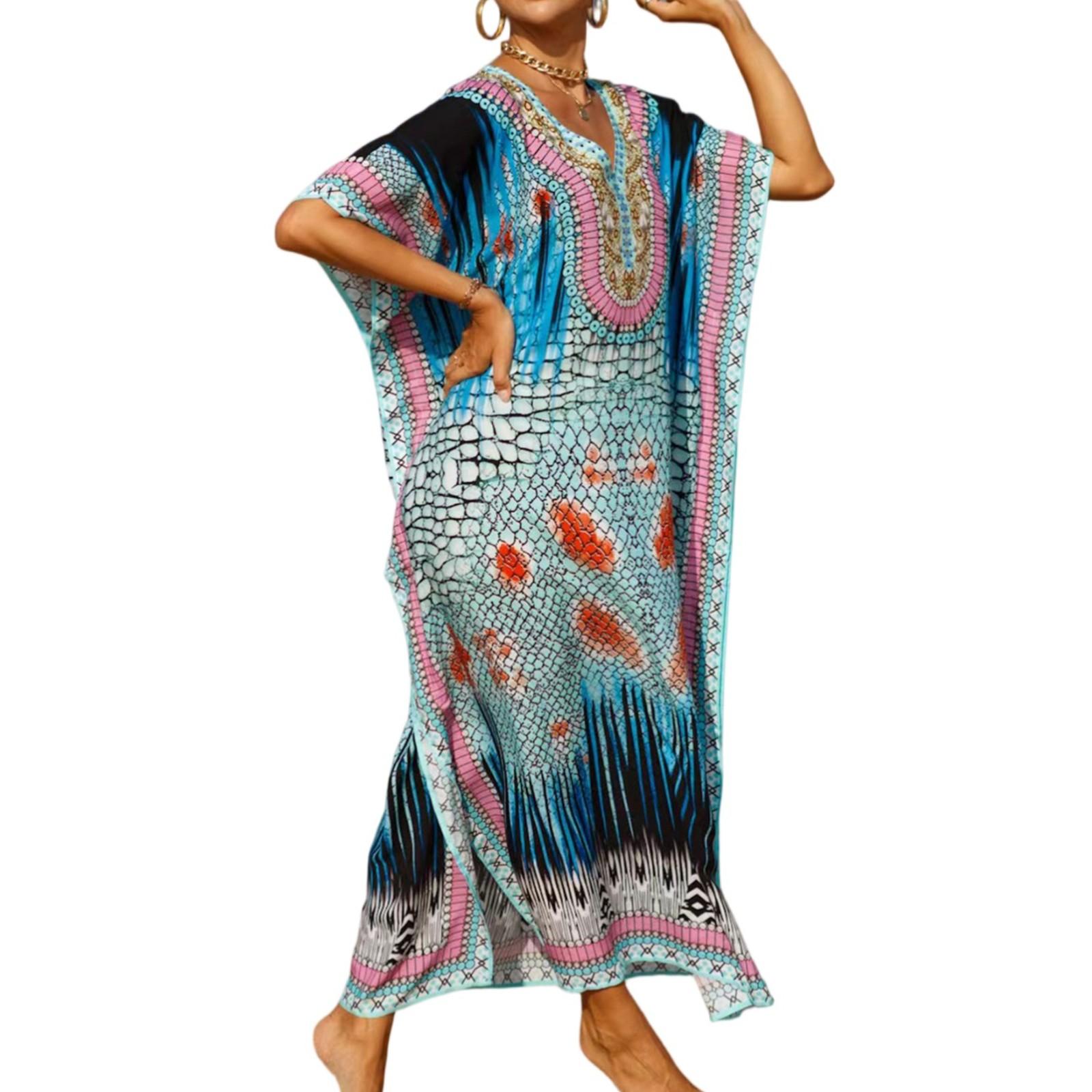 

Жіноча сукня, барвисті квіткові принти, вільний халат для відпустки, бікіні, сонцезахисний халат One Size синій