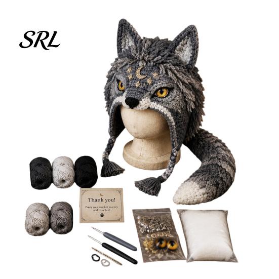 Handcrafted Warm Winter Accessory Animal Hat Crochet Kit, Fantasy Hood DIY Cute Easy Projects with Tutorial Unicorn Fox Frog Earflap Crafting Kit for