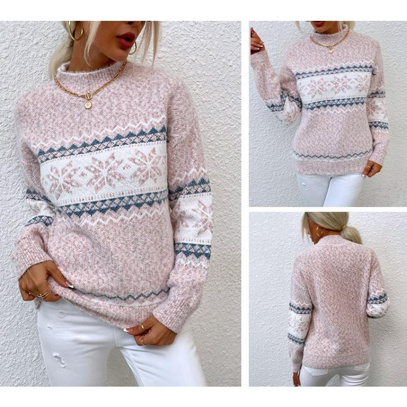 

Рождественский вязаный свитер осень и зима новый пуловер база полувысокое горло снежинка свободный свитер женский One size розовый