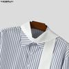 INCERUN Oversized Men Long Sleeve Patchwork Buttons Up Casual Striped Shirts Tops