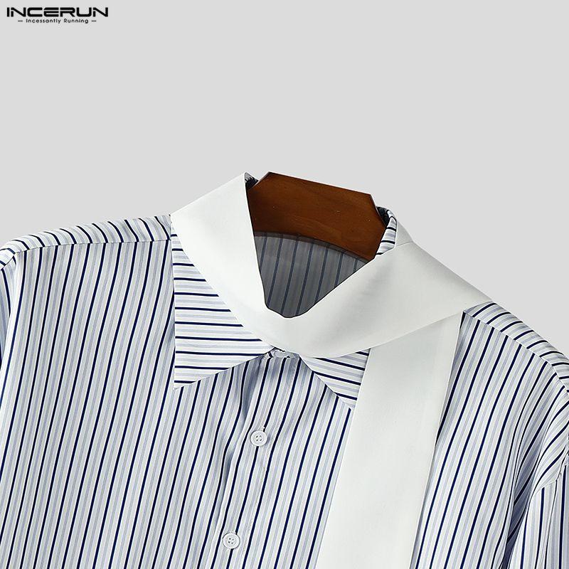 INCERUN Oversized Men Long Sleeve Patchwork Buttons Up Casual Striped Shirts Tops