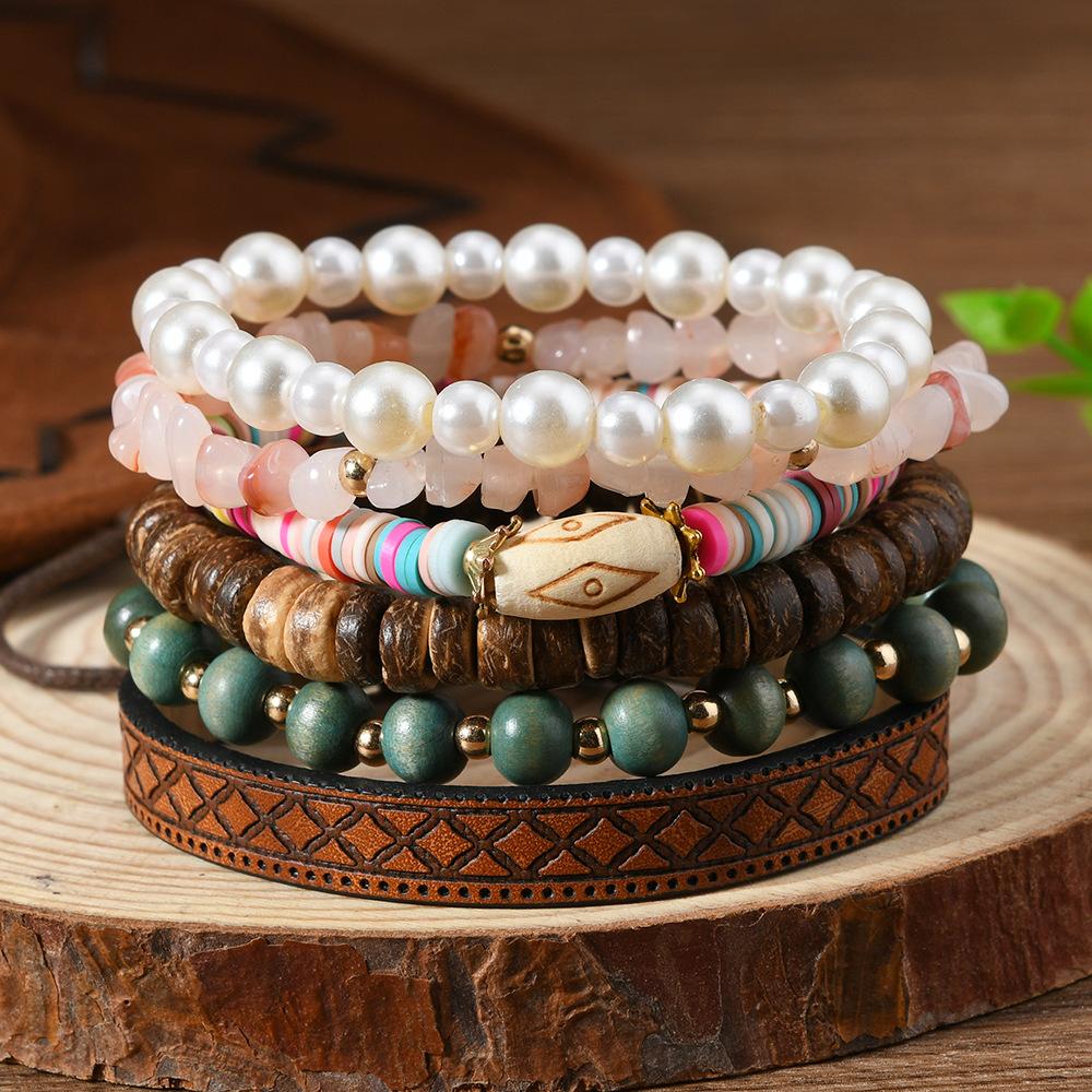 Boho Beaded Stack Bracelet Set, Multi-Layer Wood & Turquoise Bead Bracelet for Women, Bohemian Casual Beach Jewelry