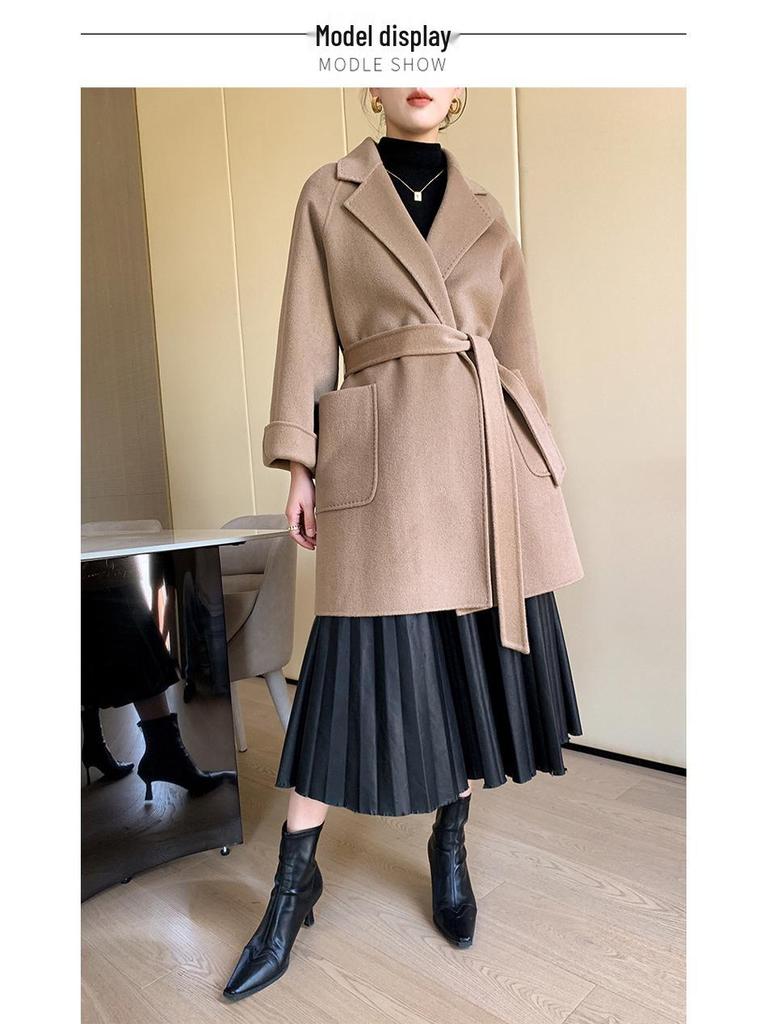 Women's High-End Double-Faced Wool Coat - New Autumn/Winter Style, Loose Mid-Length, Tie-Waist, 100% Wool Fashion Coat.
