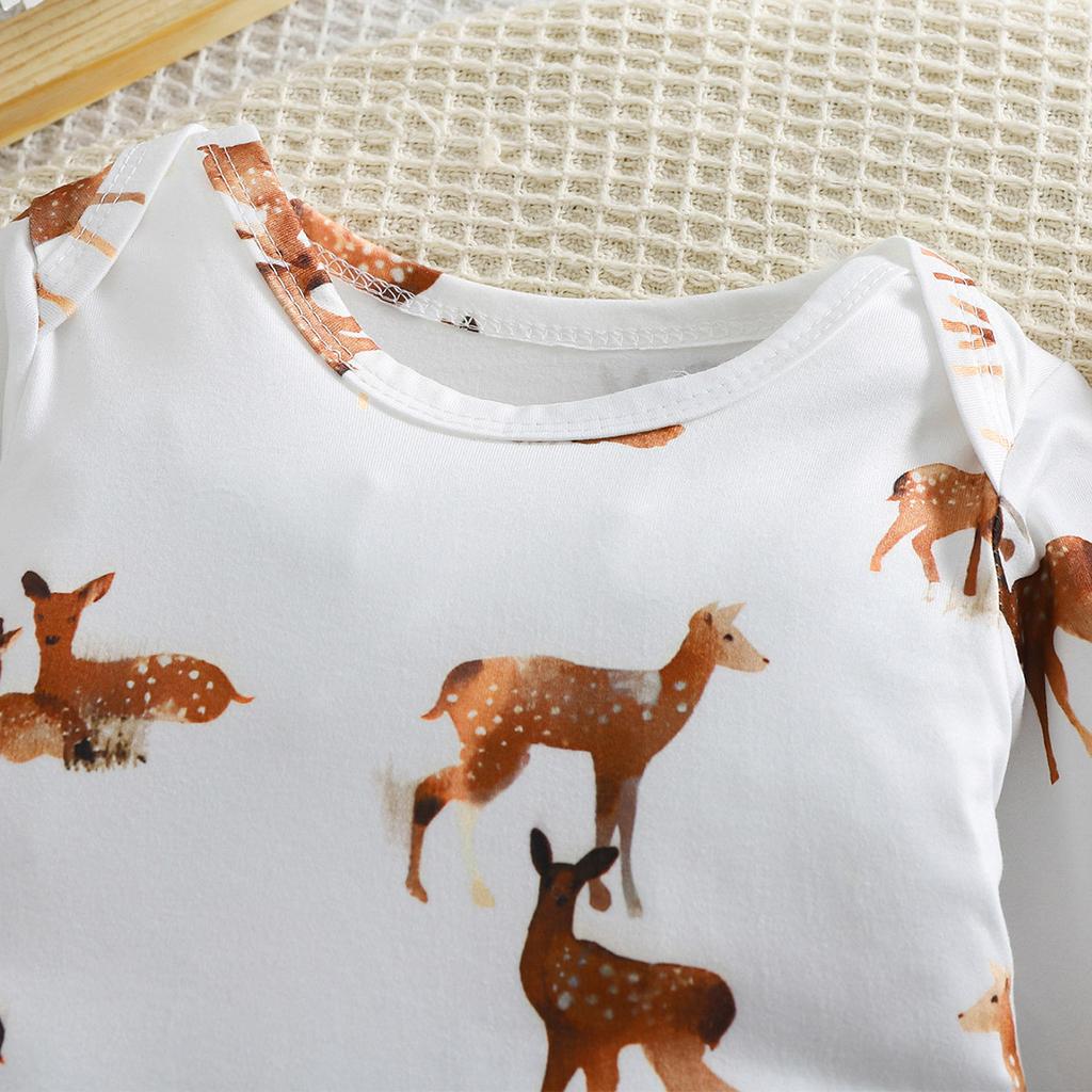 4pcs Baby Adorable Deer Pattern Bodysuit + Hat + Baby Mittens + Comfy Pants Clothing Set