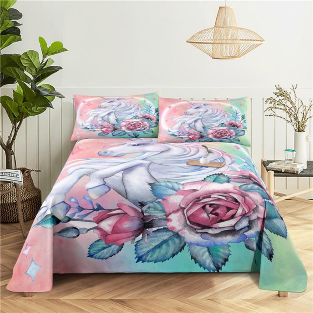 Pink Unicorn Sheet 3D Printed Cartoon Polyester Bed Flat Sheet With Pillowcase Kids Girls Children Bedding Gift