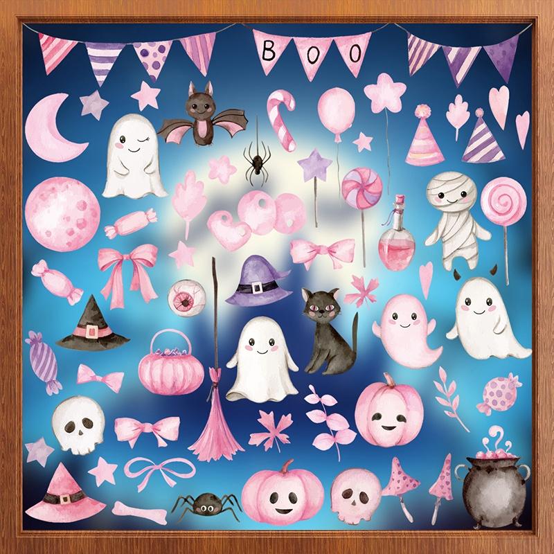 6/8/9 Sheets Halloween Window Clings Cute Ghost Pumpkin Bat Removable Self Adhesive For Home Party Glass Decor