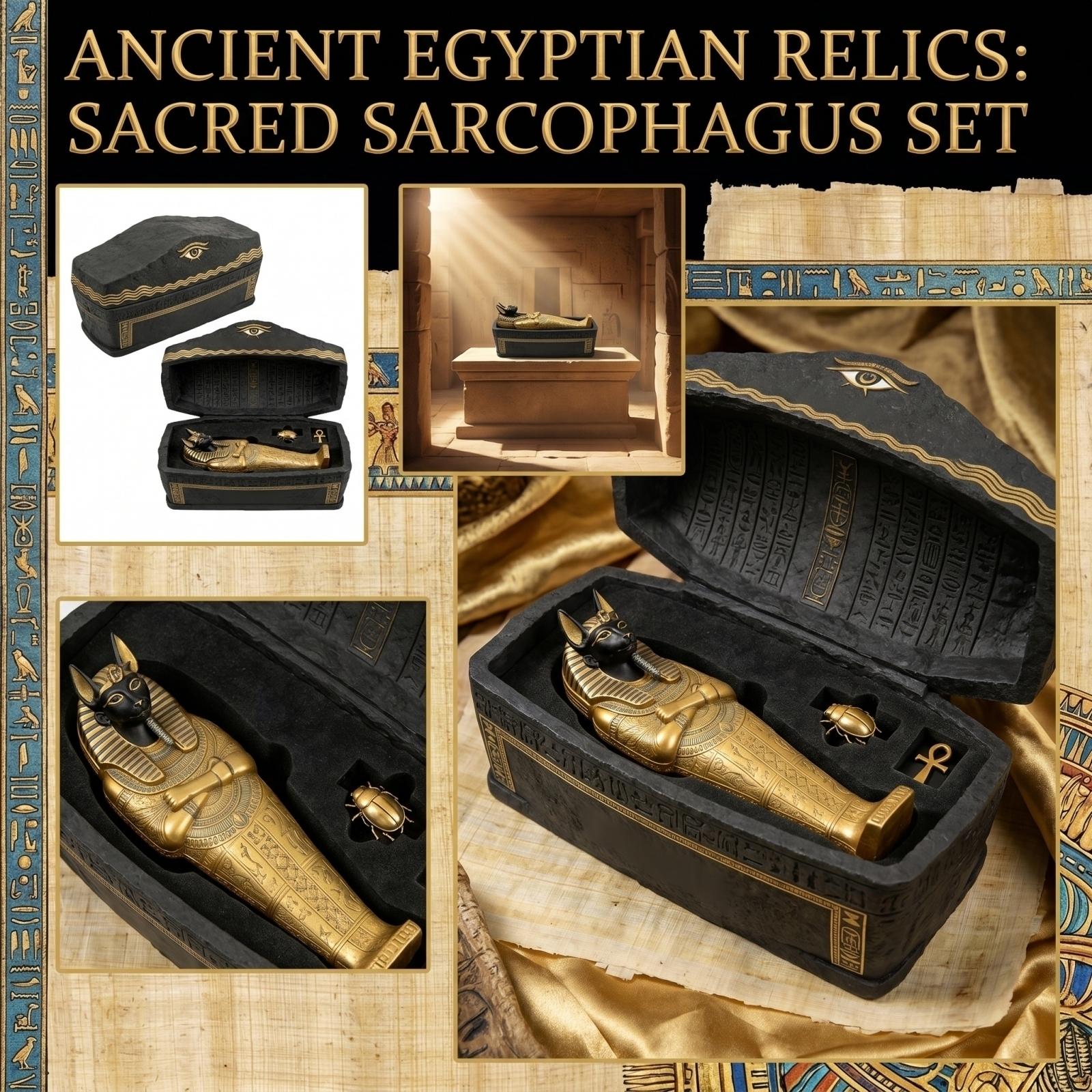 

Ancient Egyptian Golden Pharaoh Sarcophagus Figurine Set With Anubis, Ankh, Museum Collectible Decor One Size