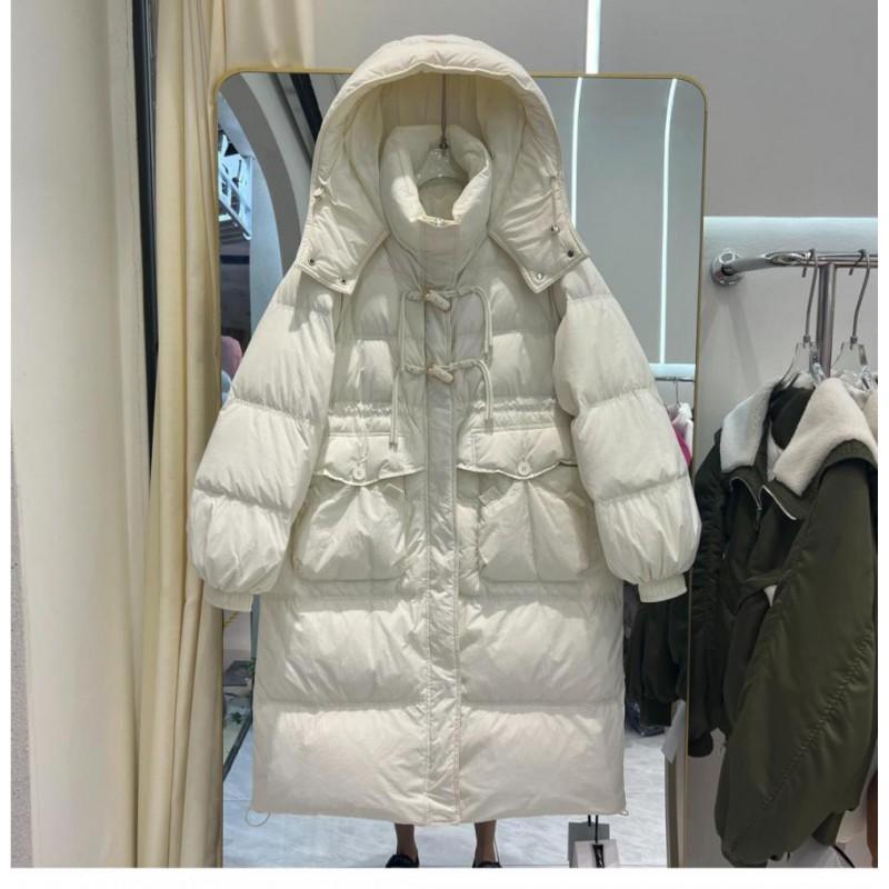 Womens Oversized Winter Down Coat Long Plus Size 450g White Duck Hooded Mid-Calf Length Warm Outerwear
