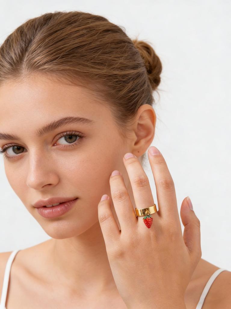 Modischer Frucht-Erdbeer-Anhänger Offener Ring für Damen Edelstahl 6mm Breit Grober Ring Schicker Kreativer Finger Schmuck Geschenke