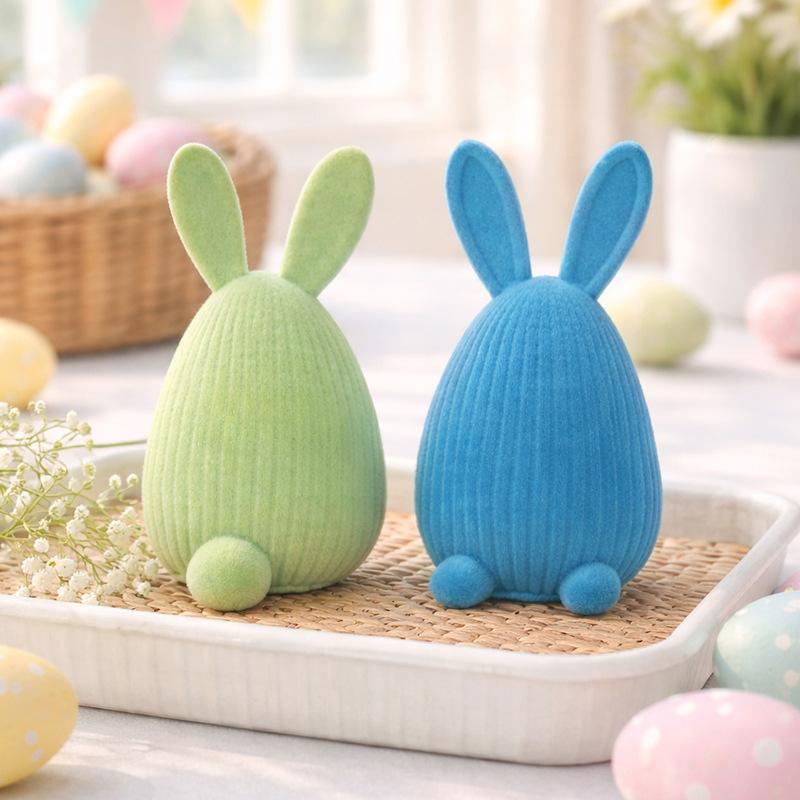 Colorful Flocking Easter Rabbit Resin Ornament Bunny 'Happy Easter Day 2026' Home Desktop Decoration Kids Birthday Gift