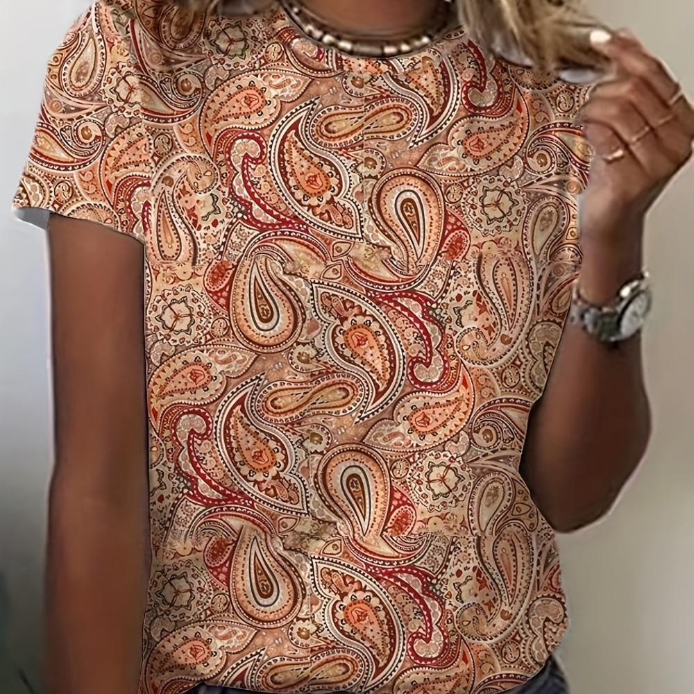 Elegant, Fashionable And Fresh Floral Print Summer Round Neck Women's Slim T-shirt Summer Casual Versatile Women's 2K Top