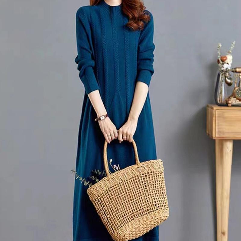 Knitted Dress for Women In Autumn and Winter Long Loose Solid Color Knee-length Sweater Dress Jacquard Half Turtleneck Sweater