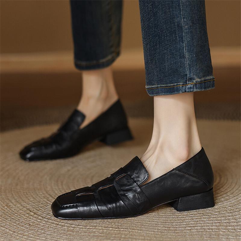 Fashion New Autumn Genuine Leather Women Pumps Fashion Square Toe Shoes for Women Chunky Heel Women Loafers Zapatos Mujer Low Heels
