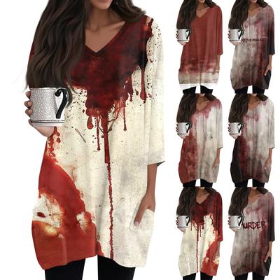 Camiseta Informal de Moda para Mujer con Estampado de Halloween, Cuello en V, Longitud Media, Bolsillo, Manga 3/4
