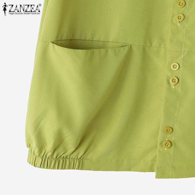 ZANZEA Women Casual Turn Down Collar Solid Color Short Sleeve Blouse