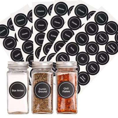 Black Waterproof Spice Jar Stickers - Round Seasoning Labels for Kitchen Food Classification