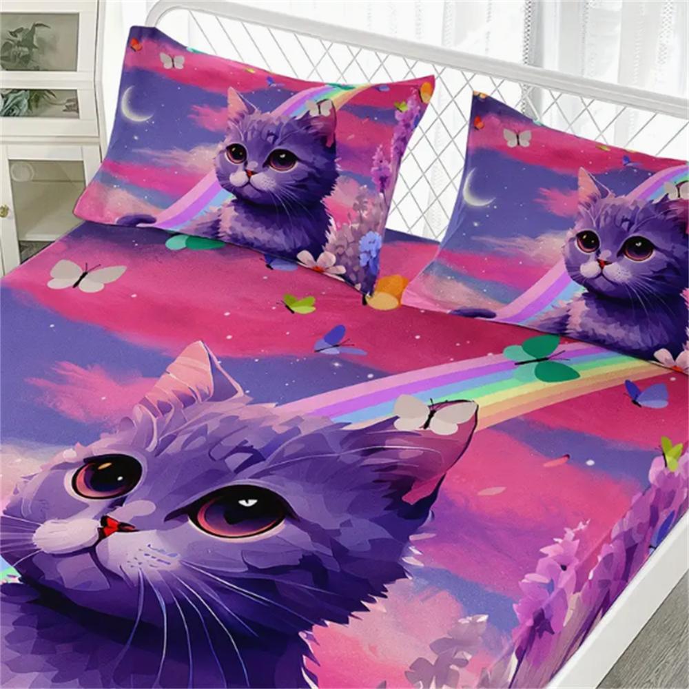 3pcs 100% Polyester Cute Cartoon Cat Print Fitted Sheet Set Bedroom Decoration, Purple Floral Starry Sky Pattern Bedding Set