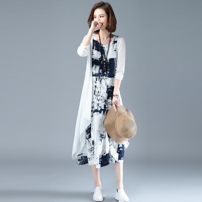 Damen 2025 Sommer Baumwoll-Leinen Tusche-Print Schal Zweiteiler Kleid-Set