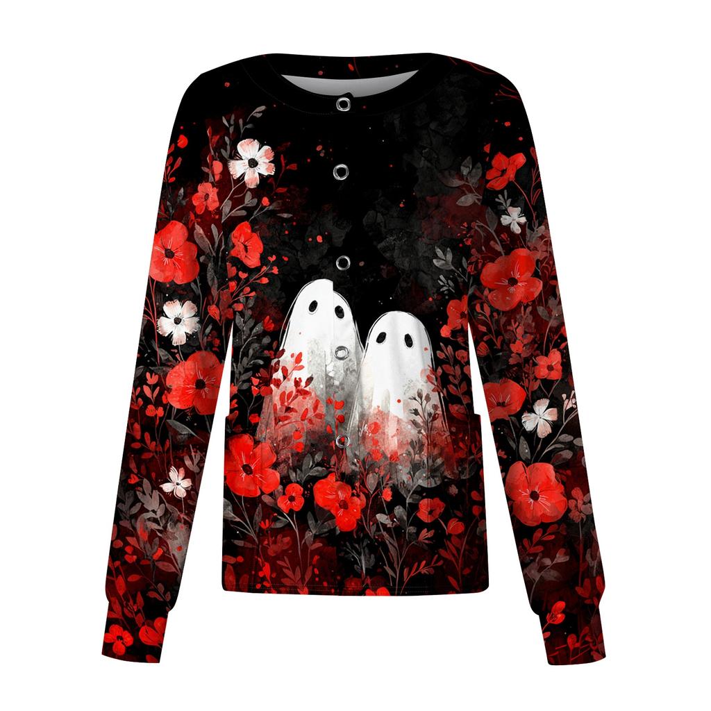 Women's Casual Long Sleeve Single Button Shirt Halloween Pumpkin Print Nurse Uniform Top Comfortable Fit Lightweight Fabric