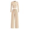 Women's One-piece Set Ribbed Knit Long-sleeve Short Top Wide-leg Pants Casual Loungewear