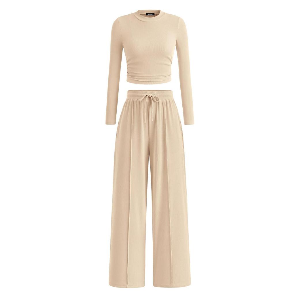 Women's One-piece Set Ribbed Knit Long-sleeve Short Top Wide-leg Pants Casual Loungewear