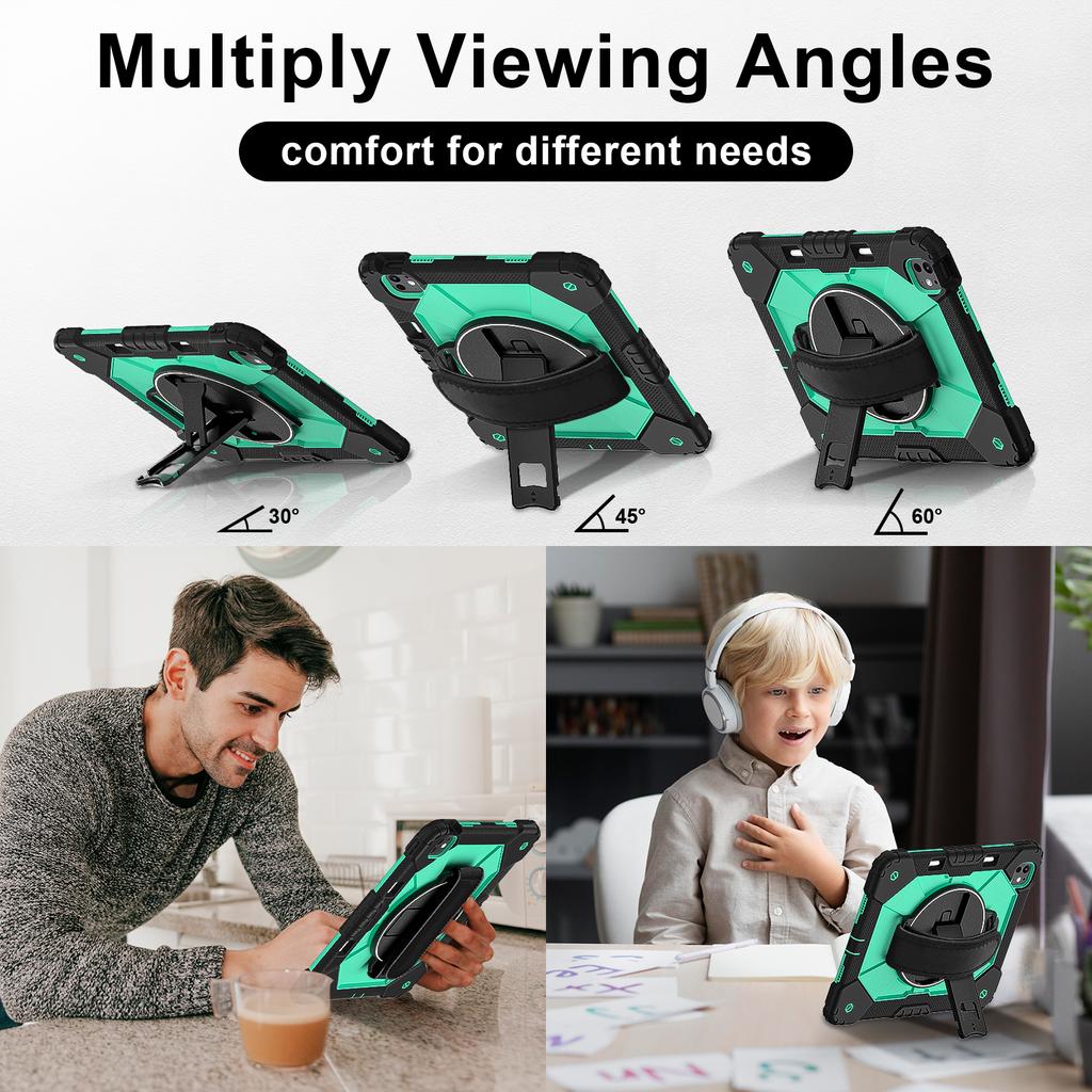 For iPad Pro 13 (2025)/13 (2024) Case Silicone + PC Kickstand Tablet Cover with Handy Strap, Shoulder Strap