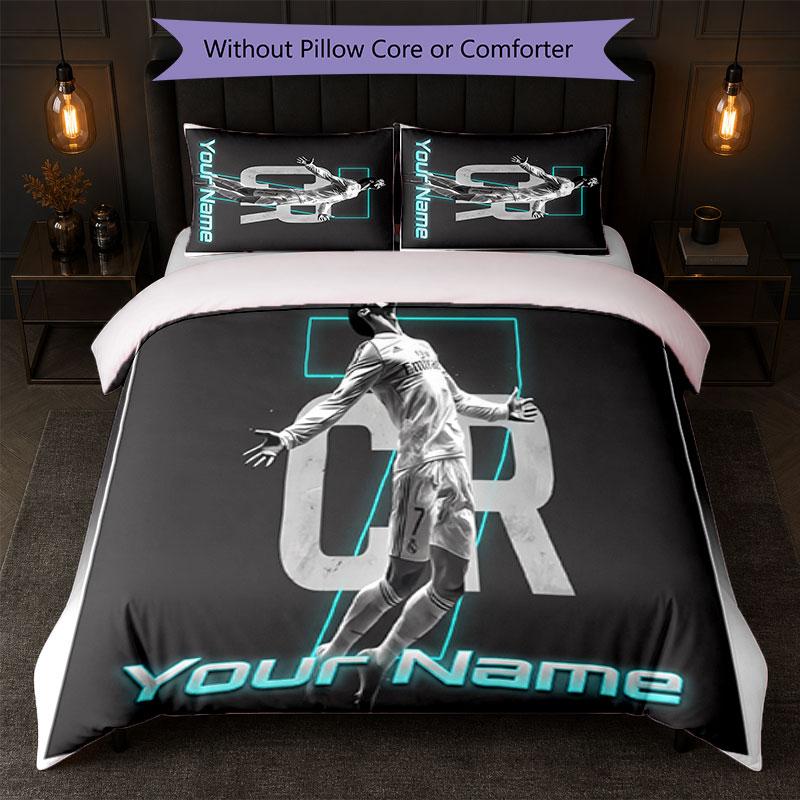 Cristiano Ronaldo Custom Name Text Bedding Set 1 Duvet Cover+2 Pillowcases Soccer Logo Personalized Gift For Special Occasion Bedroom Decor