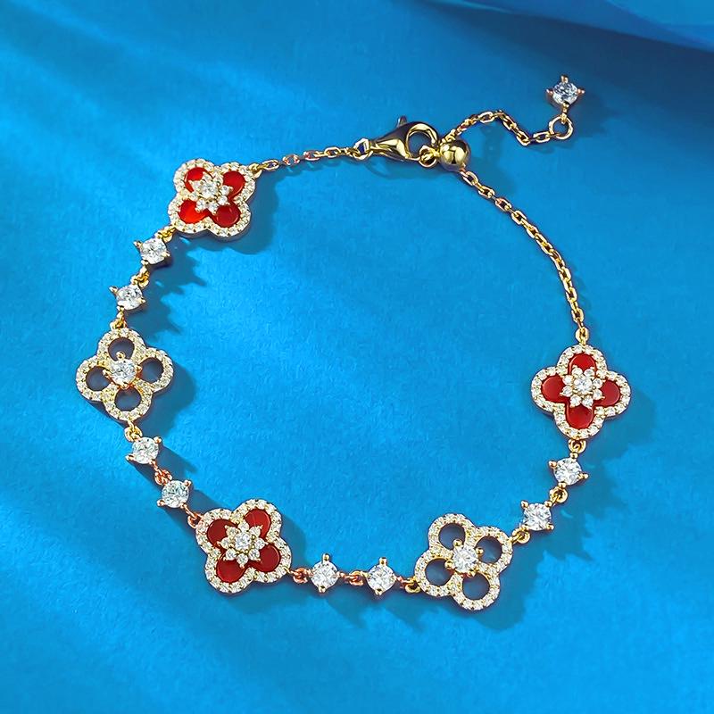 

Sterling Silver Peony Red Agate Four-Leaf Clover Adjustable Bracelet S925 Silver