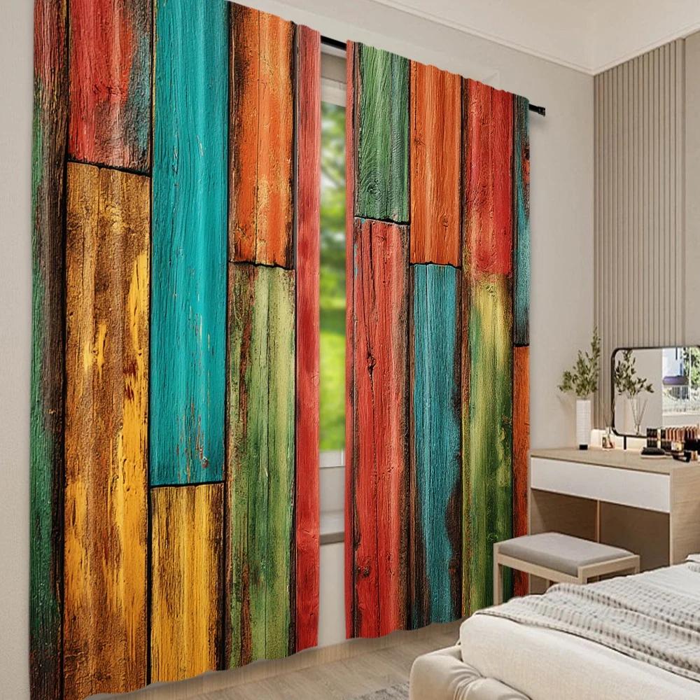 Flat Printing Curtain Colorful Wooden Panels Digital Printed Polyester Drapes Holiday Decorations Perfect Po Curtains Set Of 2 Made