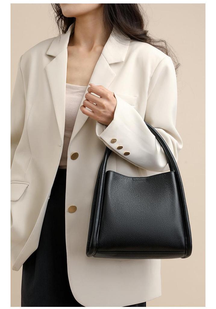 Luxury Women's Genuine Leather Tote - Large Capacity, Solid Color, Single Shoulder or Crossbody Bucket Bag