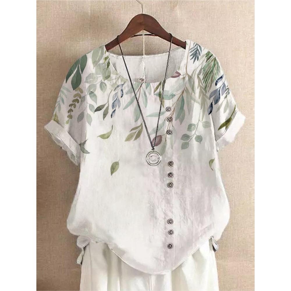 Lässiges Damen-T-Shirt mit kurzen Ärmeln und Rundhalsausschnitt, Retro-Freizeithemd, modischer Knopfprint, Sommer-Neuheit