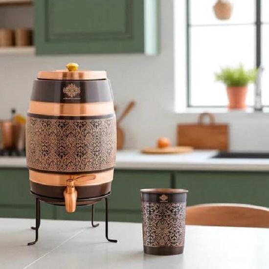 Copper Water Carafes with Embossed & Black Printed Design – 5 Liter Water Carafes with Stand, Tap & Glass (275 ML), Ayurvedic Drinkware for Home