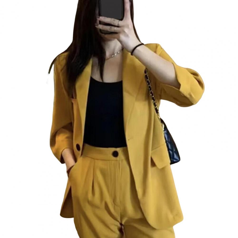 Women Suit Coat Lapel 3/4 Sleeve Double Breasted Suit Jacket Solid Color Loose Fit Flap Pockets Business Outwear