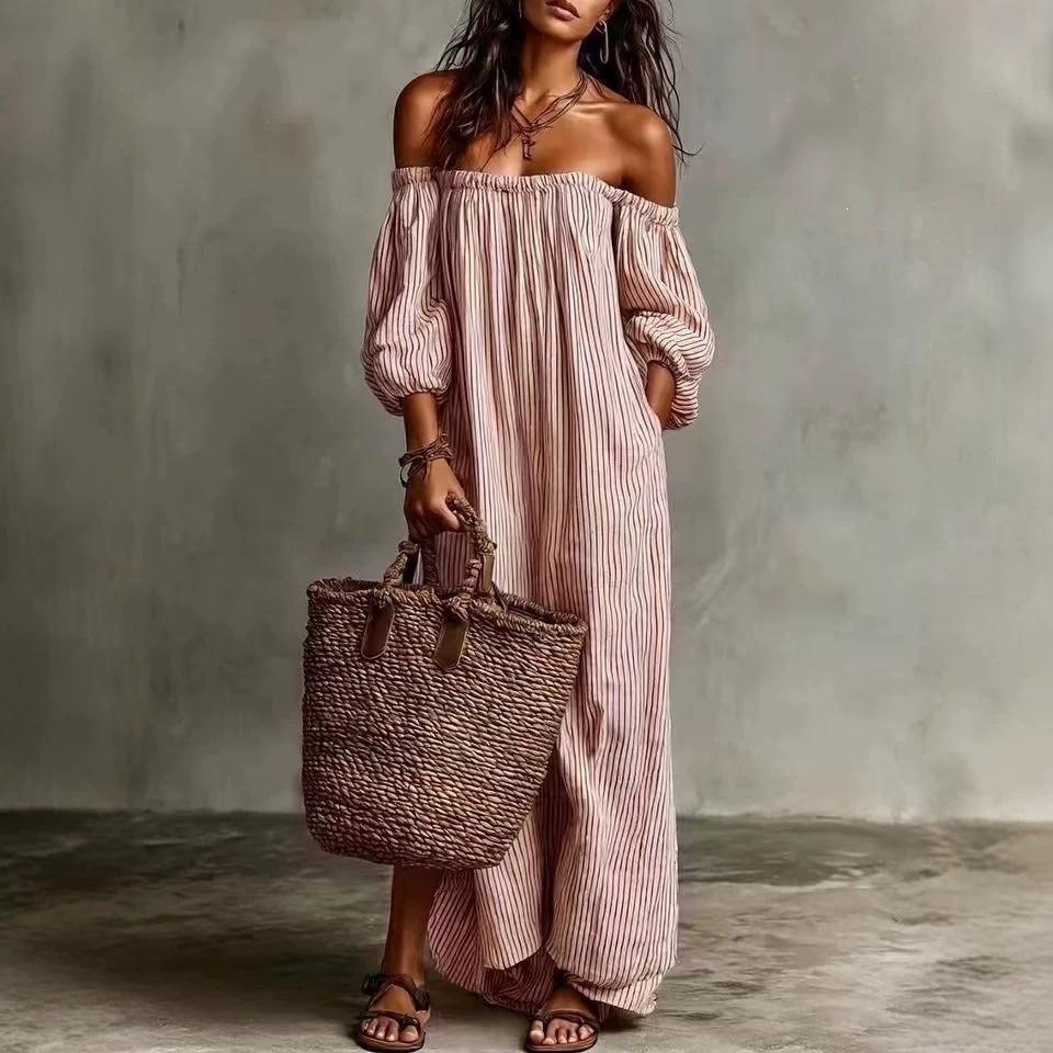 2026 Spring and Autumn New European and American Stripe Printed Off-Shoulder Lantern Sleeve Dress Holiday Style Loose Beach Dress