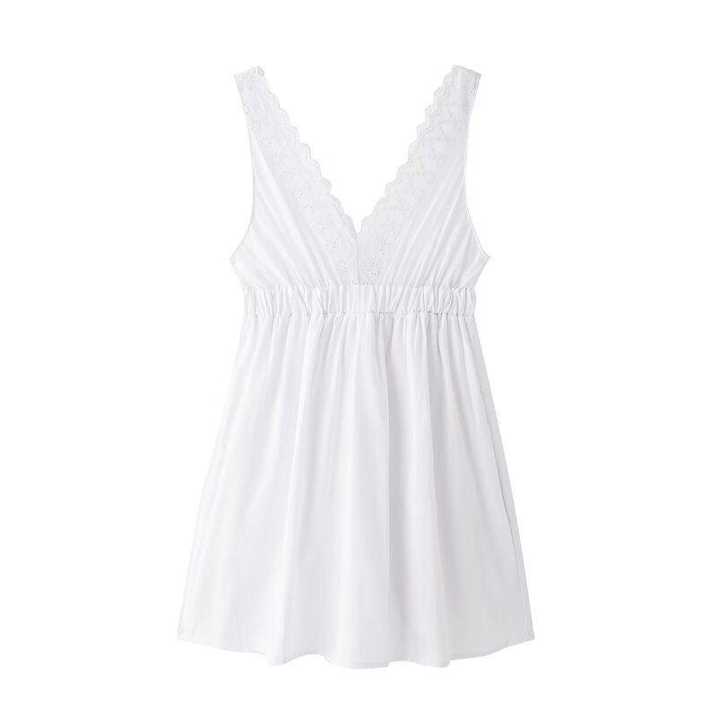 Fashion Style 2024 Summer New Arrival Women's Clothing Stylish V Neck All-Match White Embroidery Stitching Mini Dress