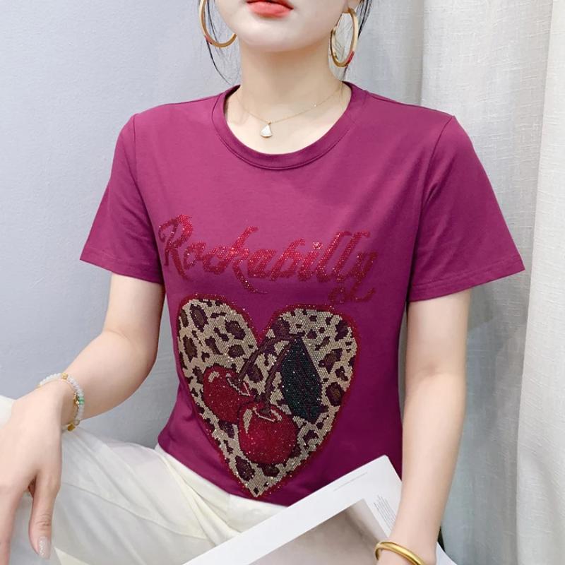 

Классические женские хлопковые топы Элегантные с круглым вырезом Шикарные футболки с леопардовым принтом в виде сердца и горячими бриллиантами Летние винтажные футболки Сексуальная женская одежда 3XL фиолетовый