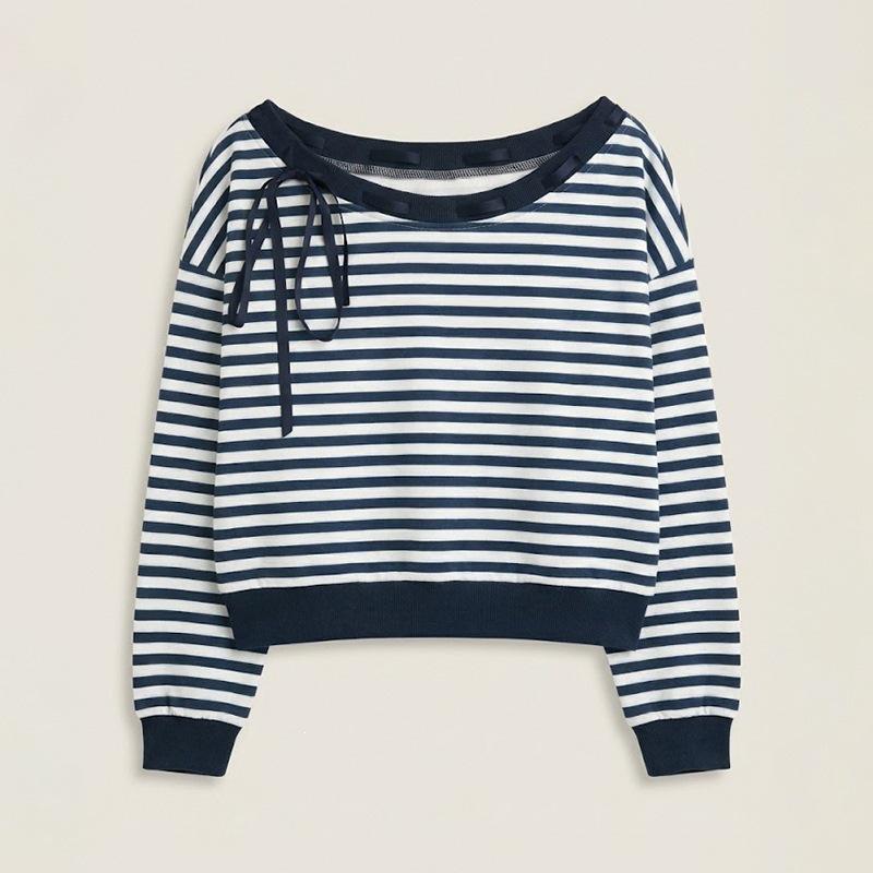European American Retro Style Bow-Decorated One-Shoulder Striped Women's Hoodie