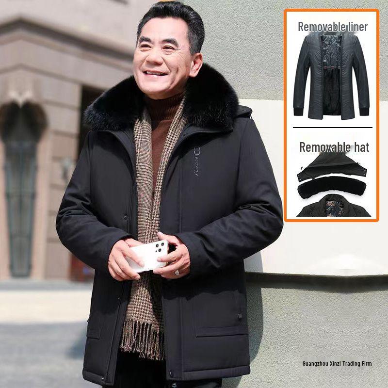 Men's Mid-Length Winter Jacket with Fleece Lining – Warm Down Cotton Coat for Middle-Aged and Elderly Dads