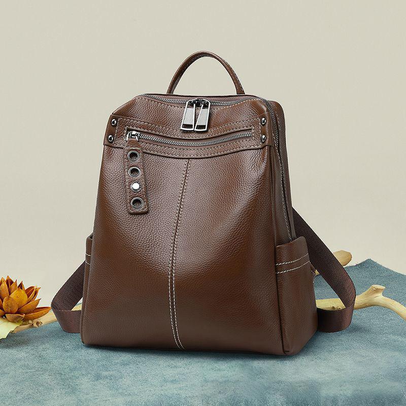 

Женский рюкзак из натуральной кожи - Повседневная сумка через плечо со стежками коричневый