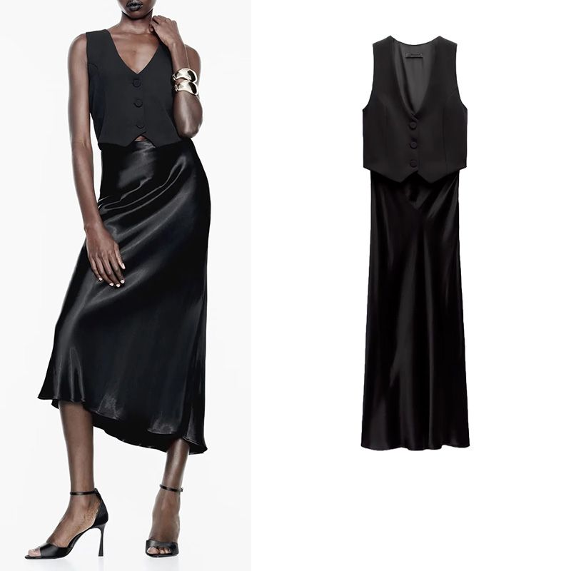 Summer New Women clothes French style Evening dress V-neck Silk Satin Texture Patchwork Vest Dress 9878281