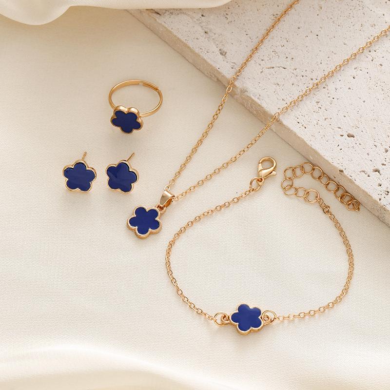 New Flower Jewelry Set Women s Temperament Flower Bracelet Necklace Four-piece Set синий