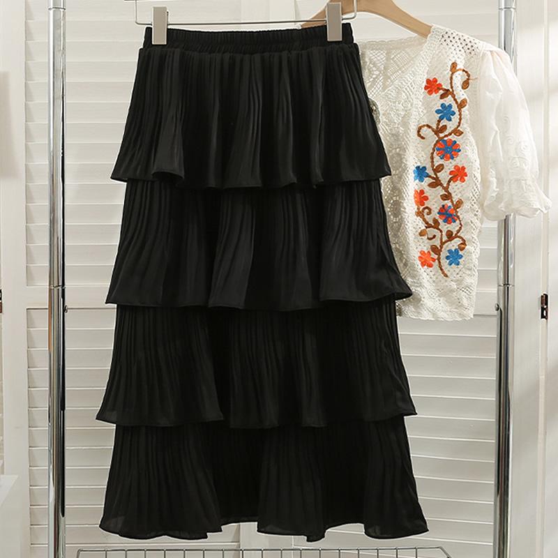 Qooth Wiosna Lato Moda damska Warstwowe spódnice z wysokim stanem Casual Solid Color Cake Spódnica QT1683