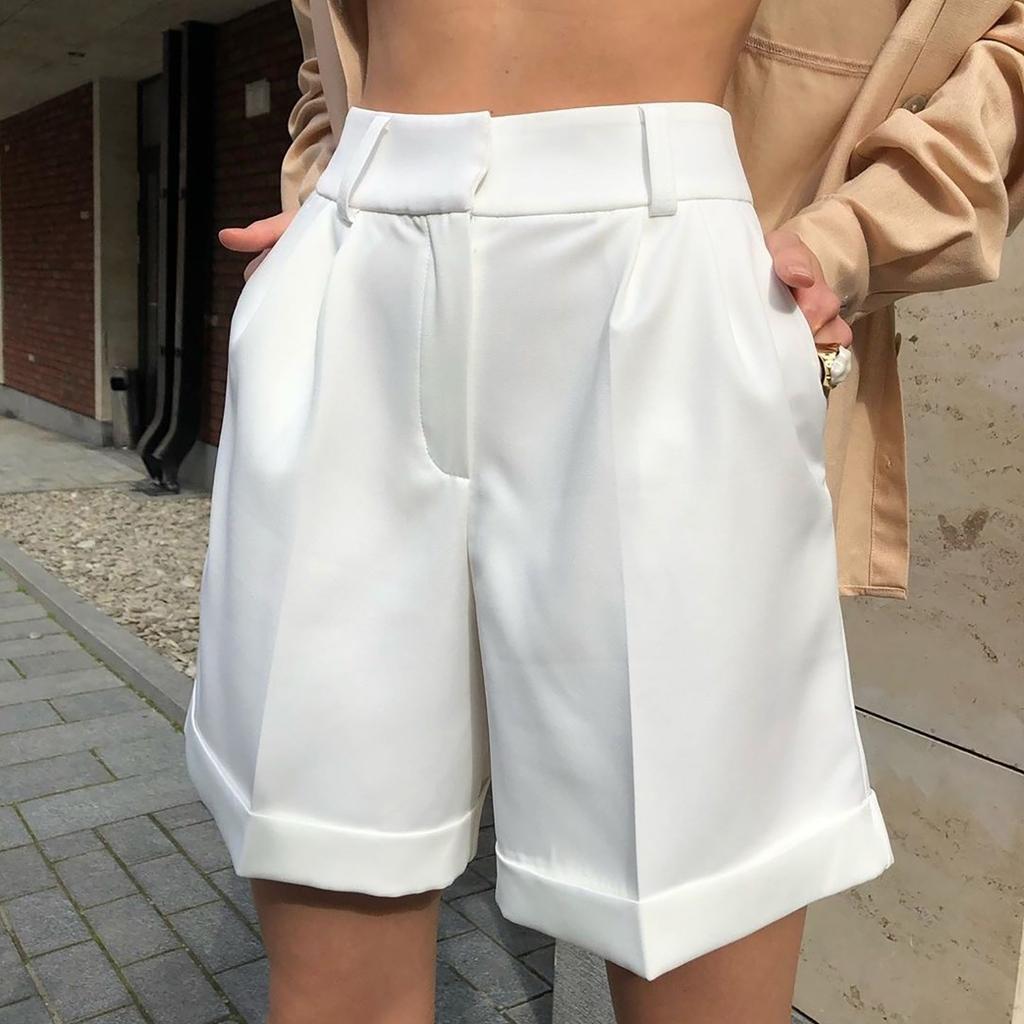 Women's Fashion Short Suit Pants Cuffed Buttons Pocket Zipper Solid Color Shorts