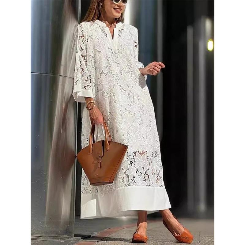 

Свободные однотонные платья средней длины из молочного шелка с кружевом XXXL белый