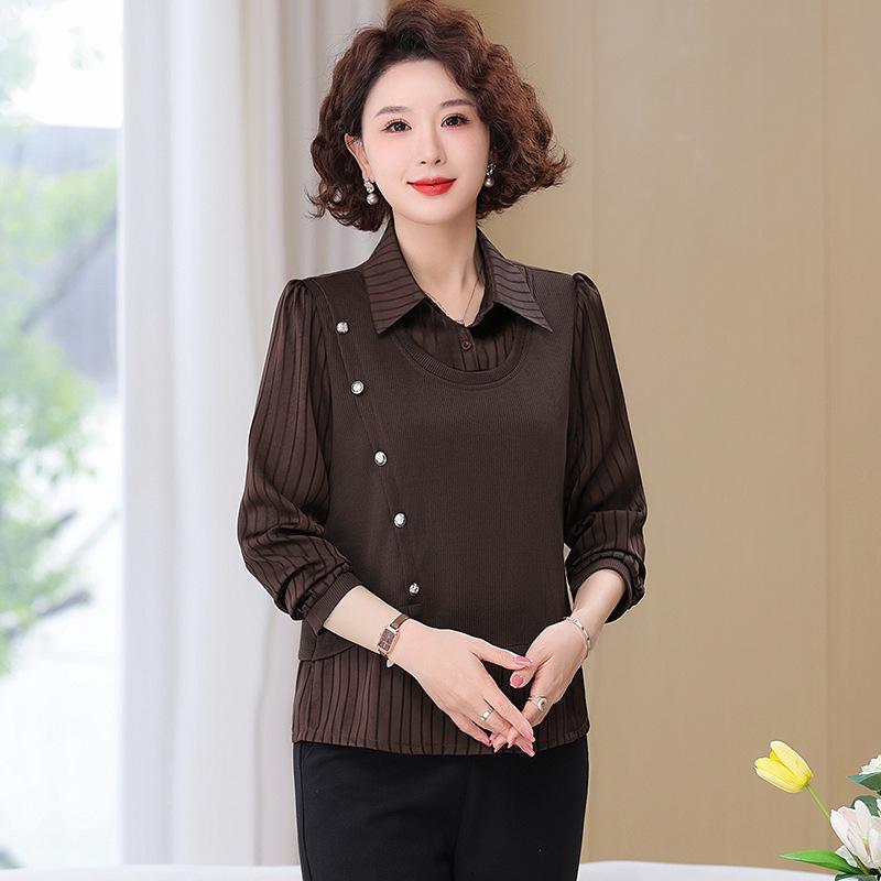 Women's Spring Summer Long Sleeve Chic Slimming Two-Piece Layered Top for Middle-Aged & Elderly