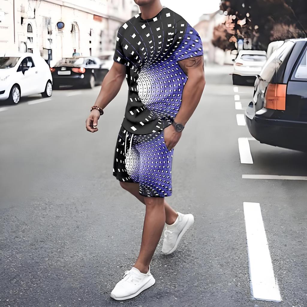 Irregular Graphic Print Short Sleeve Top Drawstring Shorts 2-piece Set 2026 Plus Size Loose Men's T-shirt Clothing Pocket Shorts