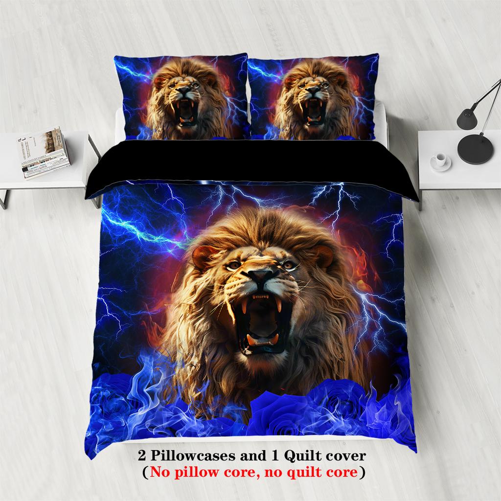 3-piece Set,lightning Lion Pattern Printed Duvet Set, Queen, King, Double Bed, Party  Funny and Creative Bedding Set