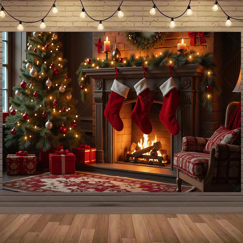 Christmas Photography Backdrop Xmas Tree Christmas Stocking Fireplace Background Banner Family Christmas Party Decoration Gifts35