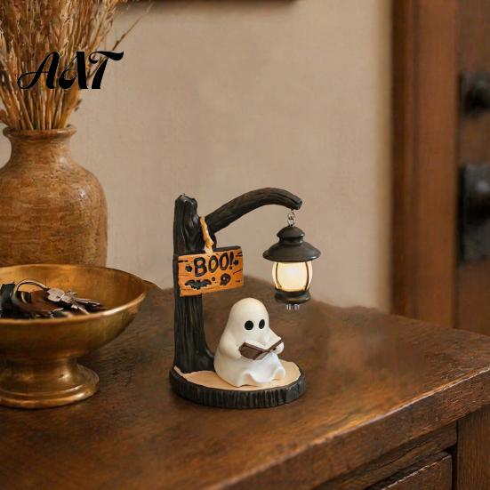 Cozy Halloween Atmosphere Light Hanging Ghost Night Resin Figurine, Vintage Farmhouse Glowing Tabletop Ornament, Country Style Display Warm
